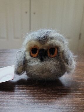 Handmade Felted Owl Plush - Gray with Orange Eyes